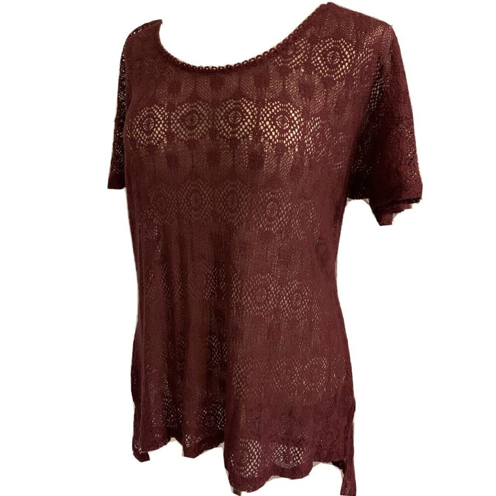 Large Painted Threads Burgundy Lace Short Sleeve Top Women's Sheer